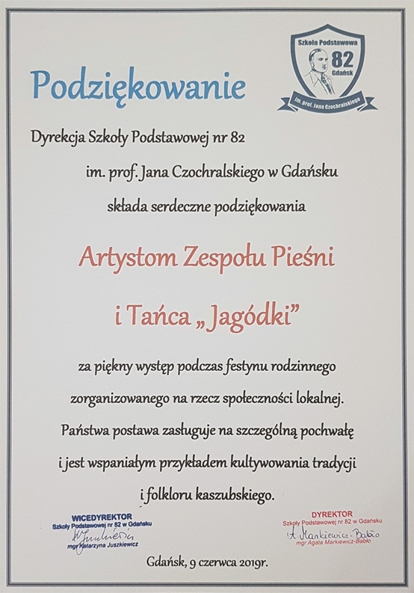 Podziękowanie - Dyrekcja SP nr 82 w Gdańsku